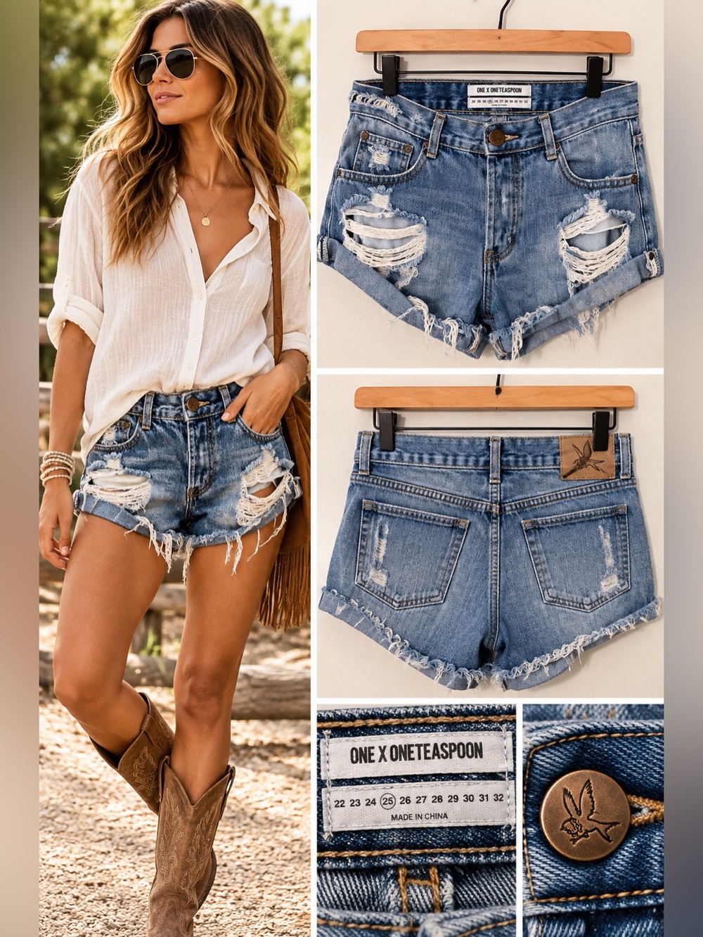 One Teaspoon Bandits Distressed Denim Shorts Blue Cutoffs Size 27